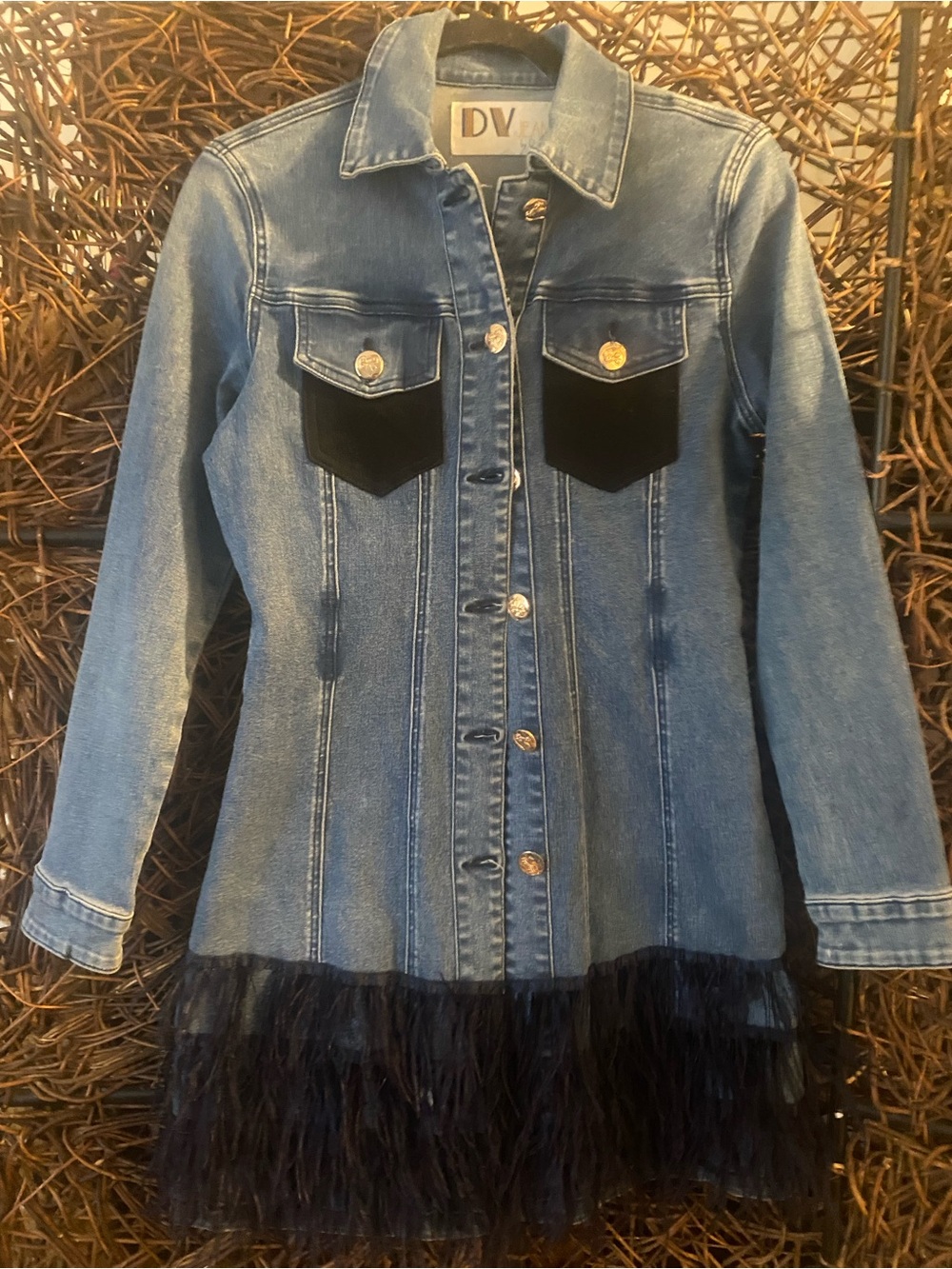 Denim Coat and Pant set with Black Velvet Pockets and Feather Hem